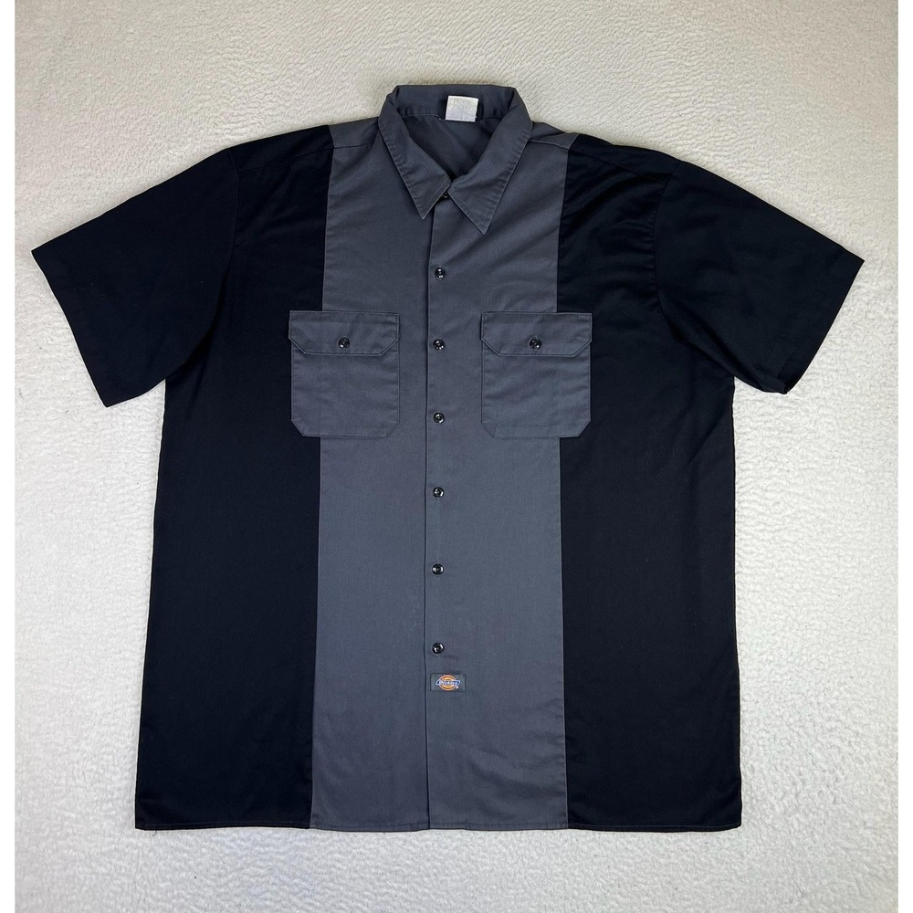 Dickies‎ Mens 2XL Gray Black Colorblock Short Sleeve Workwear Button Up Shirt